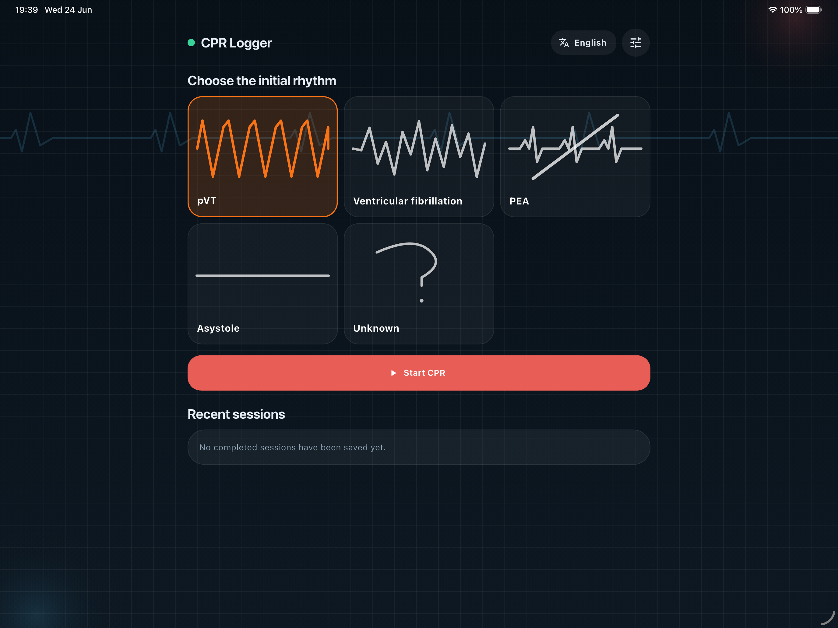 CPR Logger on iPad — rhythm selection