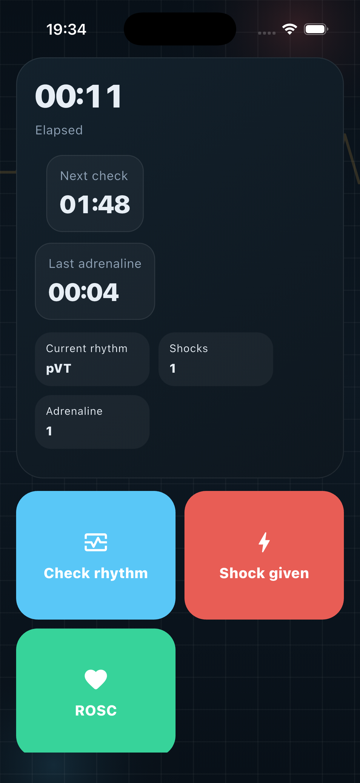 CPR Logger active resuscitation screen with timers and action tiles
